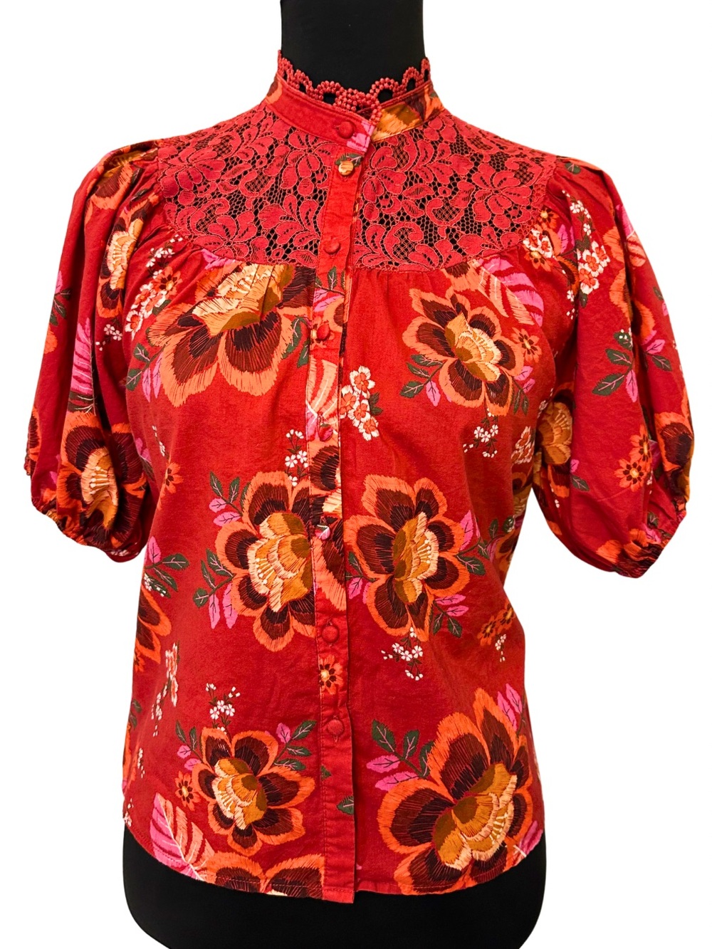 FARM Rio Women’s XS Floral Puff Sleeve Lace Button Blouse Red Boho Cottagecore - Picture 5 of 11